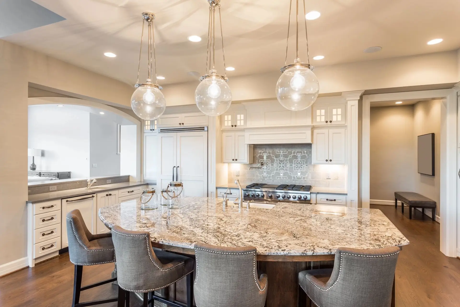 Granite countertop island in a remodeled kitchen
