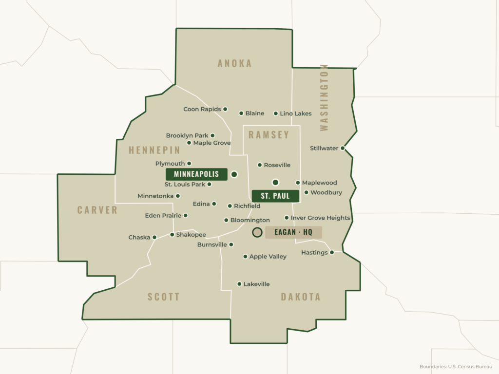 Map of the seven-county Twin Cities metro service area: Hennepin, Ramsey, Dakota, Anoka, Washington, Scott and Carver counties, with headquarters in Eagan